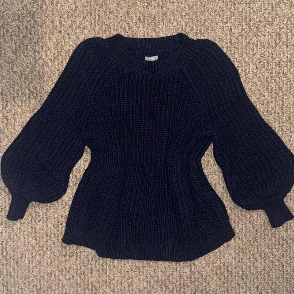 Aerie Chunky Knit Navy Blue Crew Neck Sweater with Puff Sleeves Size XS